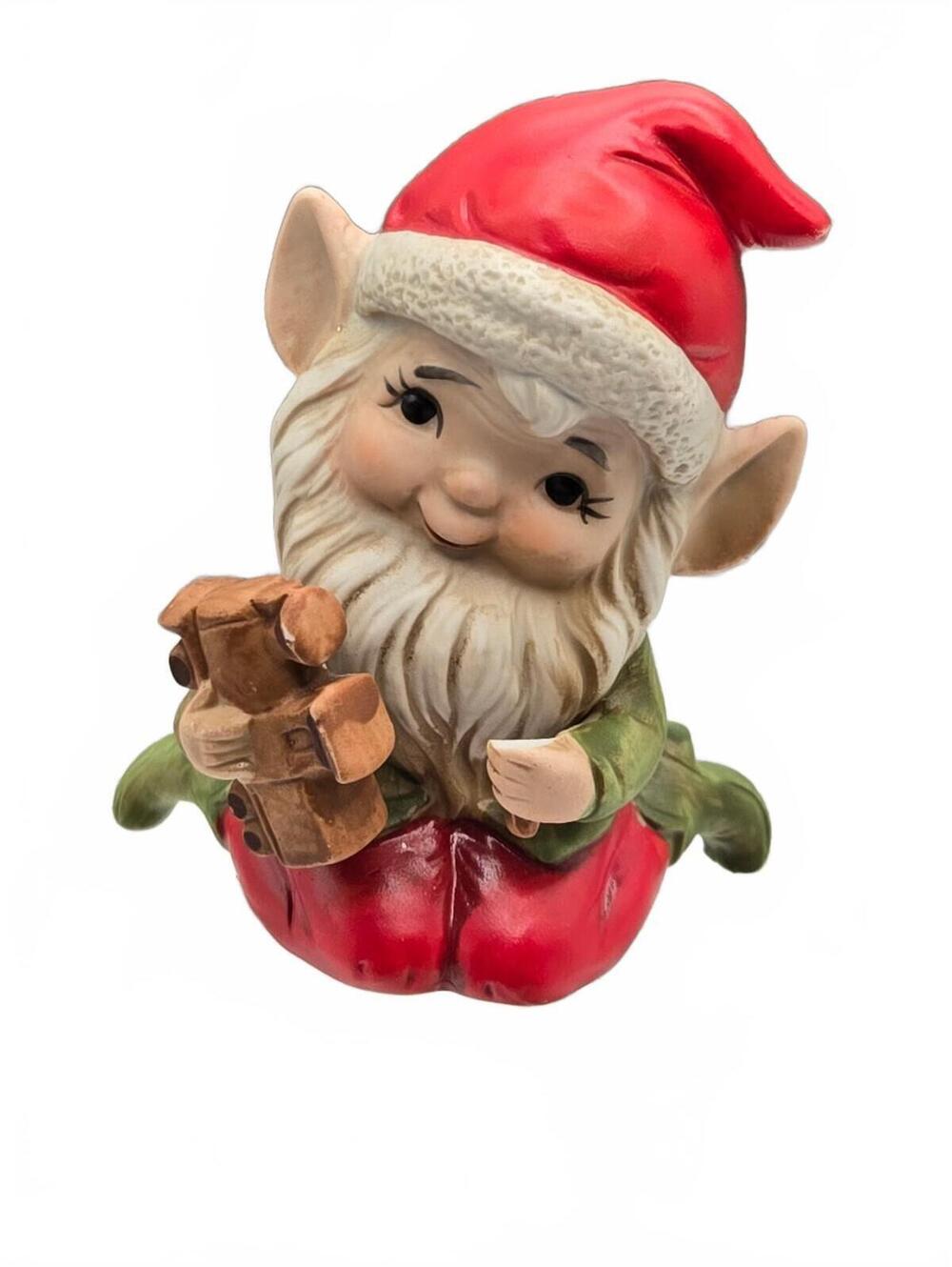 Homco Christmas Elf Figurine Holding Toy Horse, 1980s holiday ornament